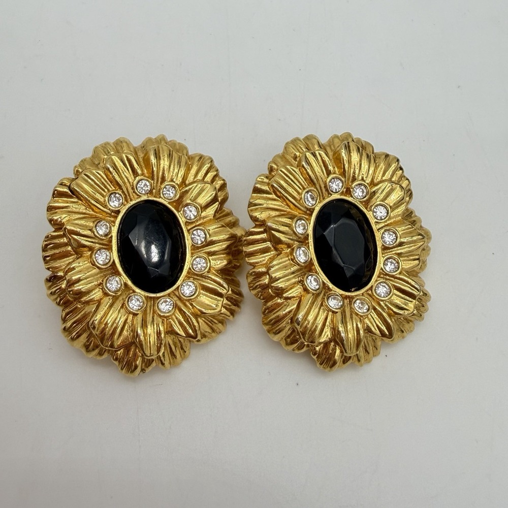 Vtg KJL for Avon Sunflower Earrings Goldtone Clear & Black Rhinestone Clip on
